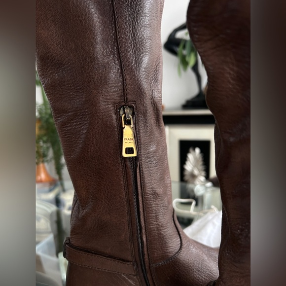 NWOT Prada deerskin leather brown and brass knee high boots - Picture 2 of 9